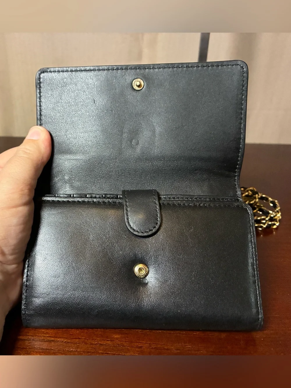 Coach Black Leather Wallet Crossbody with Gold Chain